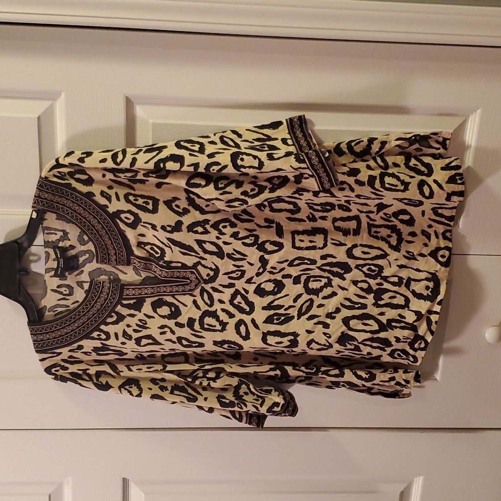 Animal print linen blend blouse tunic plus leopard print